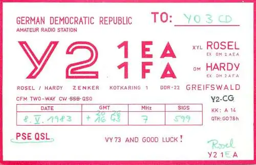 German Democratic Republic Radio Amateur QSL Card Y03CD Y21FA 1983