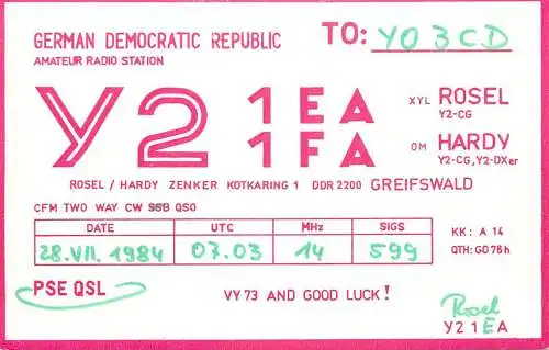 German Democratic Republic Radio Amateur QSL Card Y03CD Y21EA 1984