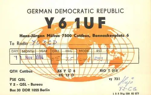 German Democratic Republic Radio Amateur QSL Card Y03CD Y61UF 1984