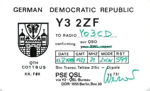 German Democratic Republic Radio Amateur QSL Card Y03CD Y32ZF 1984