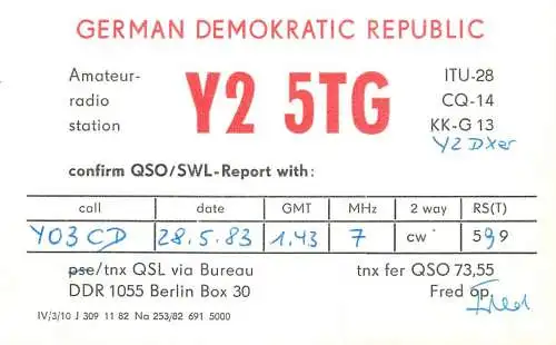 German Democratic Republic Radio Amateur QSL Card Y03CD Y25TG 1983