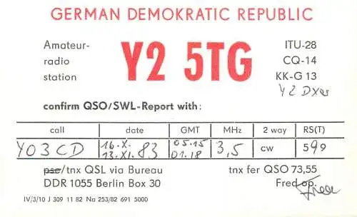 German Democratic Republic Radio Amateur QSL Card Y03CD Y25TG 1983