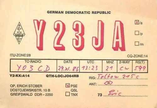 German Democratic Republic Radio Amateur QSL Card Y03CD Y23JA 1986