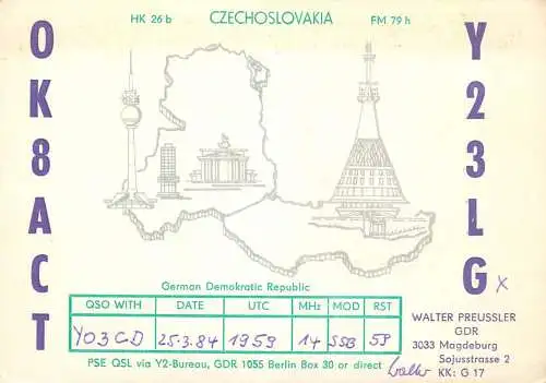 German Democratic Republic Radio Amateur QSL Card Y03CD Y23LG 1984
