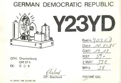 German Democratic Republic Radio Amateur QSL Card Y03CD Y23YD 1983