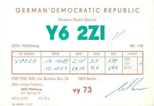 German Democratic Republic Radio Amateur QSL Card Y03CD Y62ZI 1983
