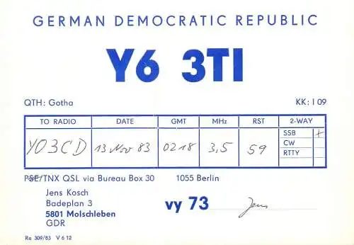 German Democratic Republic Radio Amateur QSL Card Y03CD Y63TI 1983