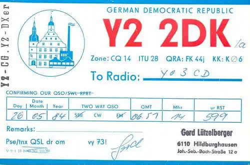 German Democratic Republic Radio Amateur QSL Card Y03CD Y22DK 1983