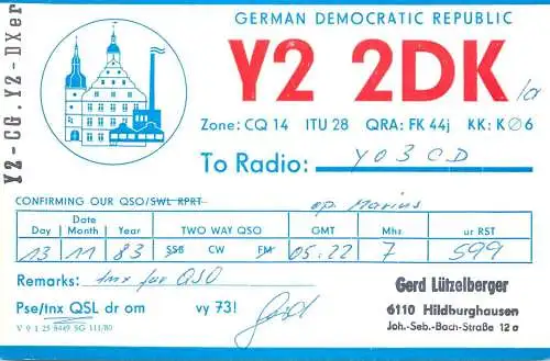 German Democratic Republic Radio Amateur QSL Card Y03CD Y22DK 1983