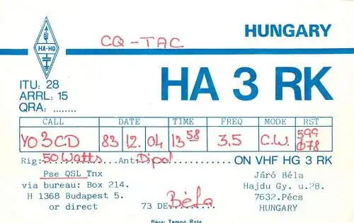 QSL Card HUNGARY Radio Amateur Station HA3RK Y03CD Bela