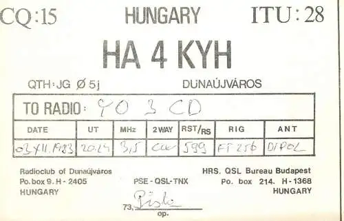 QSL Card HUNGARY Radio Amateur Station HA4KYH Y03CD Pista
