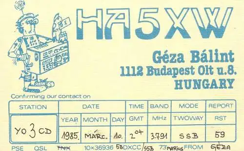 QSL Card HUNGARY Radio Amateur Station HA5XW Y03CD Geza