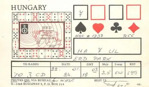 QSL Card HUNGARY Radio Amateur Station HA7UL Y03CD Feri