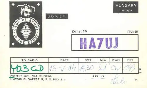 QSL Card HUNGARY Radio Amateur Station HA7UJ Y03CD Sali