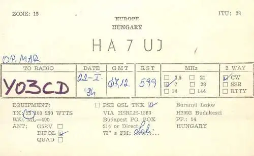 QSL Card HUNGARY Radio Amateur Station HA7UJ Y03CD Sali