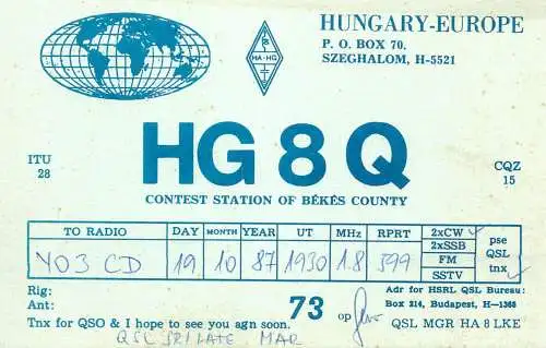 QSL Card HUNGARY Radio Amateur Station HG8Q Y03CD
