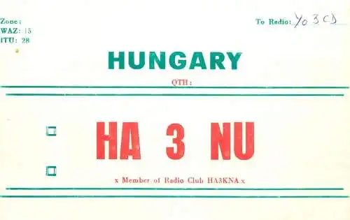 QSL Card HUNGARY Radio Amateur Station HA3NU Y03CD Lacy