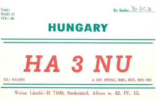 QSL Card HUNGARY Radio Amateur Station HA3NU Y03CD Lacy