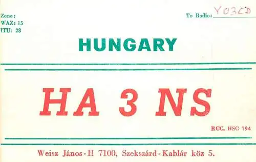 QSL Card HUNGARY Radio Amateur Station HA3KNS Y03CD Jan