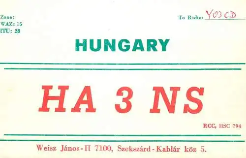 QSL Card HUNGARY Radio Amateur Station HA3KNS Y03CD Jan