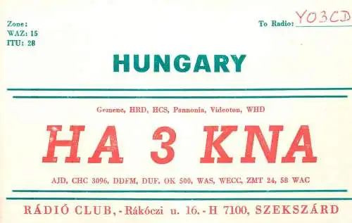 QSL Card HUNGARY Radio Amateur Station HA3KNA Y03CD