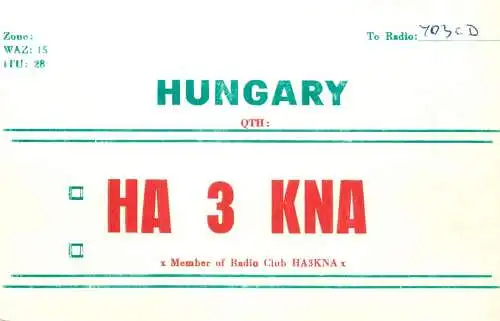 QSL Card HUNGARY Radio Amateur Station HA3KNA Y03CD Andi