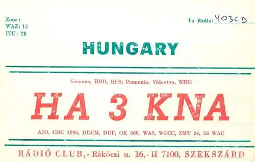 QSL Card HUNGARY Radio Amateur Station HA3OV Y03CD Andi