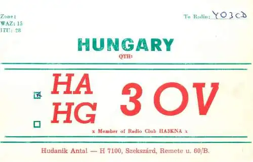 QSL Card HUNGARY Radio Amateur Station HA3OV Y03CD Ali
