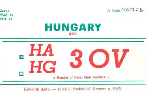 QSL Card HUNGARY Radio Amateur Station HA3OV Y03CD Ali