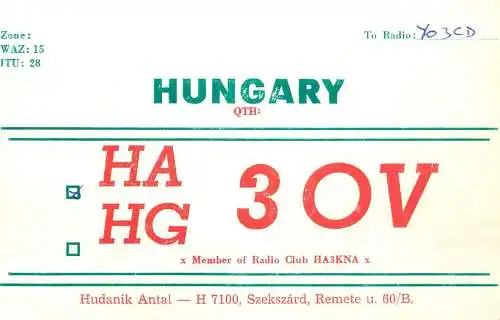 QSL Card HUNGARY Radio Amateur Station HA3OV Y03CD Ali
