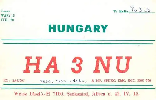 QSL Card HUNGARY Radio Amateur Station HA3NU Y03CD Lacy