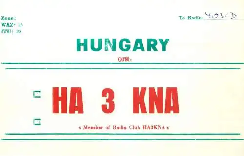 QSL Card HUNGARY Radio Amateur Station HA3KNA Y03CD Anti