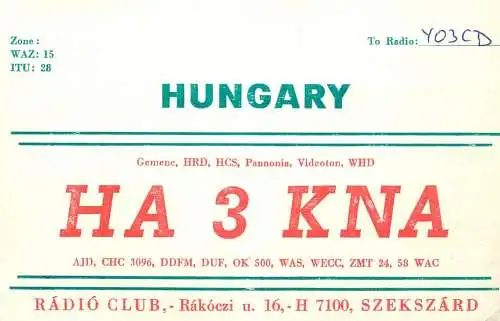 QSL Card HUNGARY Radio Amateur Station HA3KNA Y03CD Anti