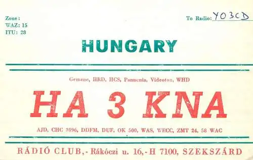 QSL Card HUNGARY Radio Amateur Station HA3KNA Y03CD Anti