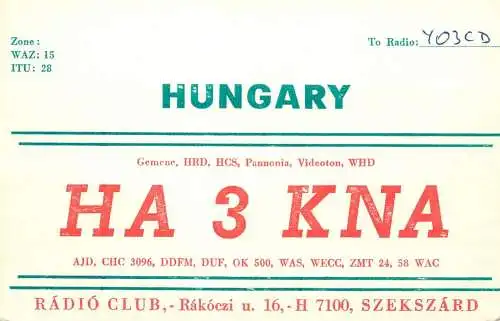 QSL Card HUNGARY Radio Amateur Station HA3KNA Y03CD Adi