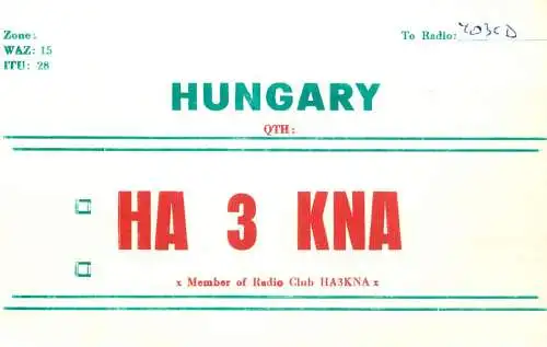 QSL Card HUNGARY Radio Amateur Station HA3KNA Y03CD Adi
