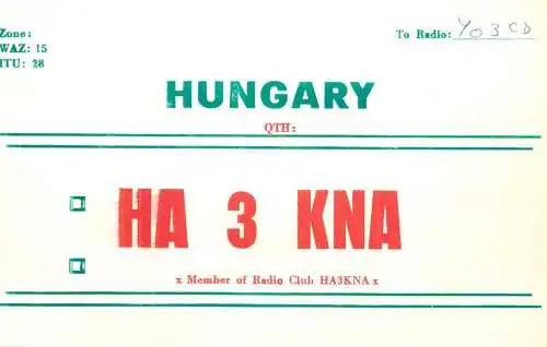 QSL Card HUNGARY Radio Amateur Station HA3KNA Y03CD