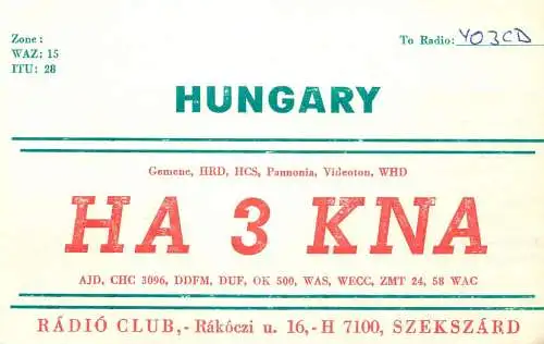 QSL Card HUNGARY Radio Amateur Station HA3KNA Y03CD Adi