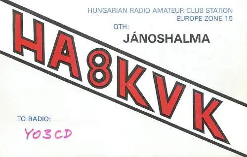 QSL Card HUNGARY Radio Amateur Station HA8KVK Y03CD Laios