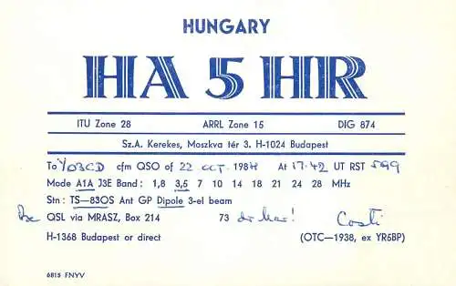 QSL Card HUNGARY Radio Amateur Station HA5HR Y03CD Costi