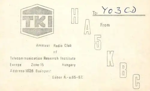 QSL Card HUNGARY Radio Amateur Station HA5BC Y03CD
