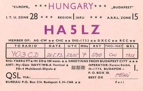 QSL Card HUNGARY Radio Amateur Station HA5LZ Y03CD Feri