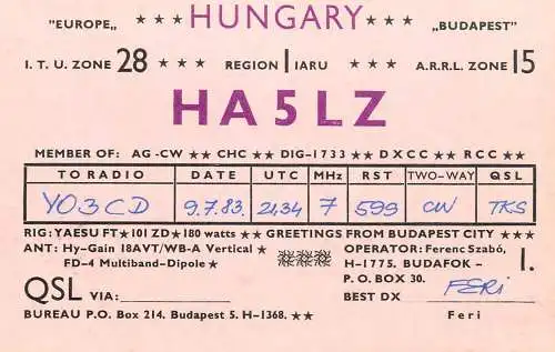 QSL Card HUNGARY Radio Amateur Station HA5LZ Y03CD Feri
