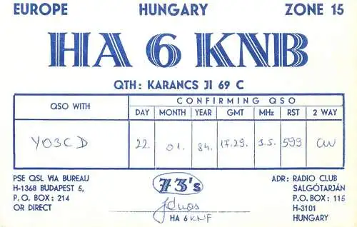 QSL Card HUNGARY Radio Amateur Station HA6KNB Y03CD Janos