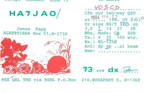 QSL Card HUNGARY Radio Amateur Station HA7JAO Y03CD Jan
