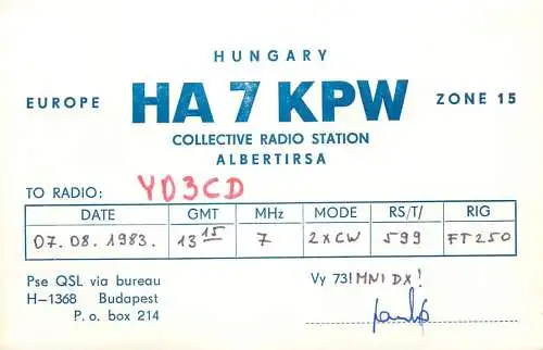 QSL Card HUNGARY Radio Amateur Station HA7KPW Y03CD