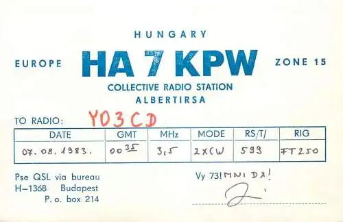 QSL Card HUNGARY Radio Amateur Station HA7KPW Y03CD