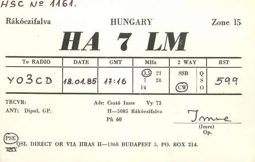 QSL Card HUNGARY Radio Amateur Station HA7LM Y03CD Imre