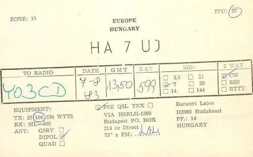 QSL Card HUNGARY Radio Amateur Station HA7UJ Y03CD Lau