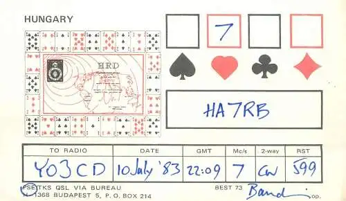 QSL Card HUNGARY Radio Amateur Station HA7RB Y03CD Bandi